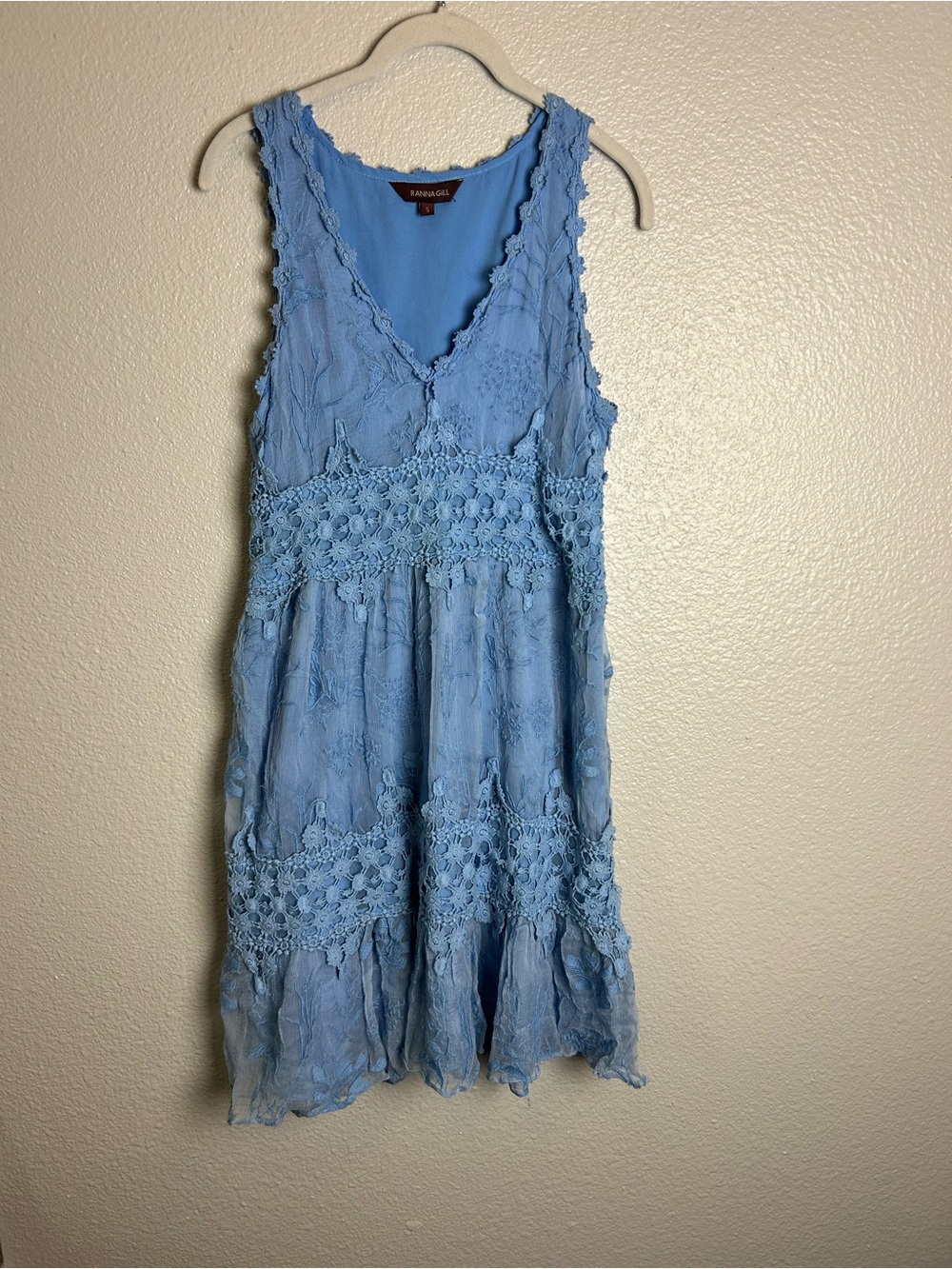 Anthropologie Ranna Gill Size S Light Blue Lace-Trim Midi Dress quiet luxury